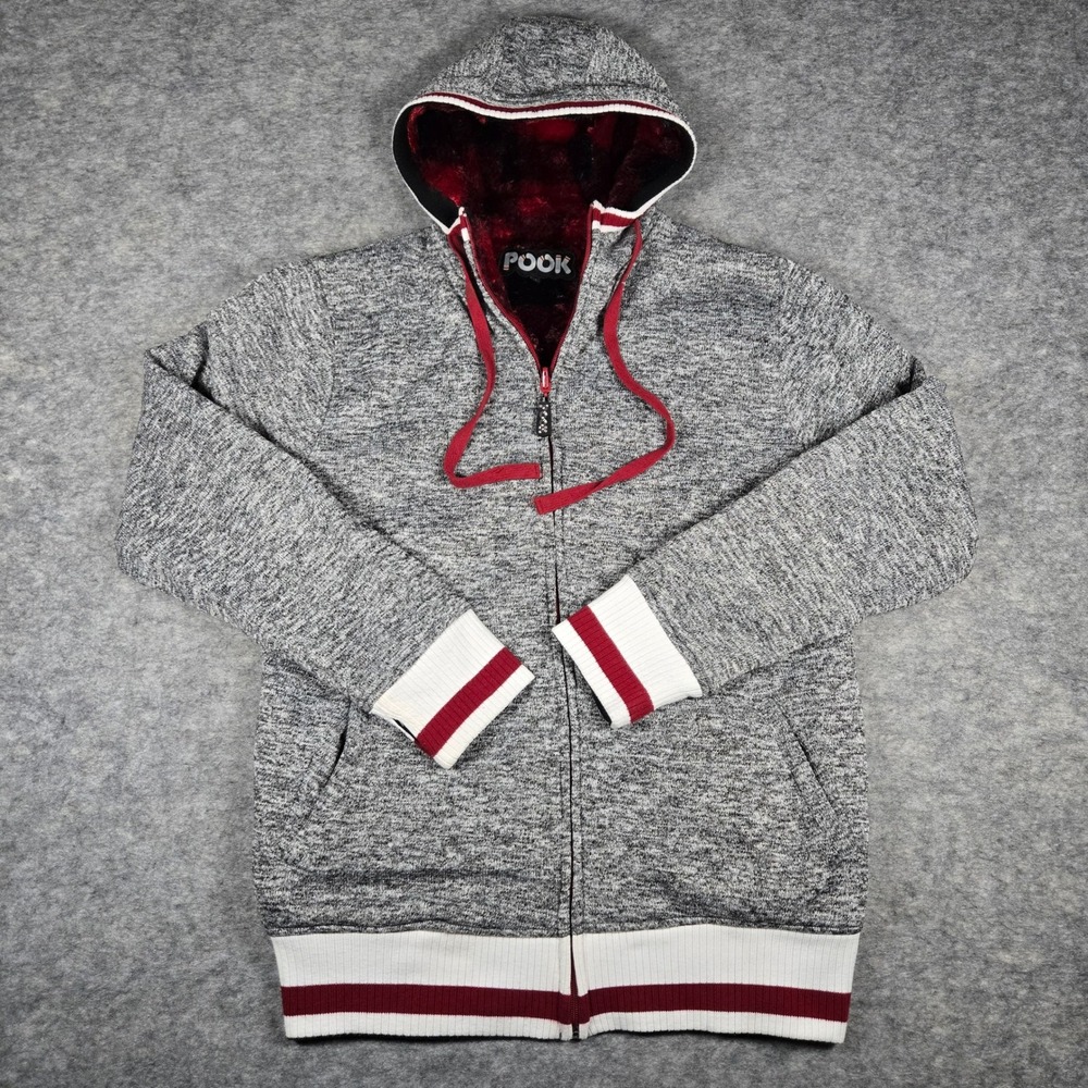 Pook Mens Grey Red Buffalo Plaid Reversible Fleece Faux Fur Hoodie S